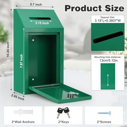 KYODOLED Cash Box for Farm Stand, Money Drop Box with Lock & Slot, Green | Wall mount, self-service payment drop, porch pickup, 2 keys, hardware included, 10.24 x 5.7 x 2.95 in