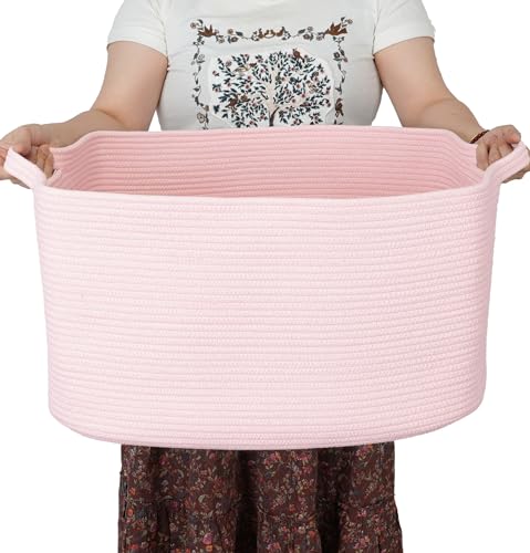 XUANGUO Large Rectangle Woven Cotton Rope Blanket Basket 22"x17"x12" Pink | Storage basket for nursery and living room; toy basket for kids, laundry basket for clothes and towels, or gift basket.