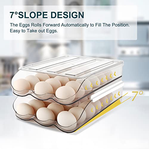 MesRosa Egg Holder for Fridge, Automatic Rolling Container Storage 36 Eggs | Clear Large Capacity Egg Organizer for Refrigerator with Lid, Stackable Dispenser, Tray & Bin, Saving Space -2 Layer