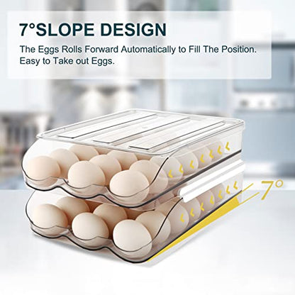 MesRosa Egg Holder for Fridge, Automatic Rolling Container Storage 36 Eggs | Clear Large Capacity Egg Organizer for Refrigerator with Lid, Stackable Dispenser, Tray & Bin, Saving Space -2 Layer