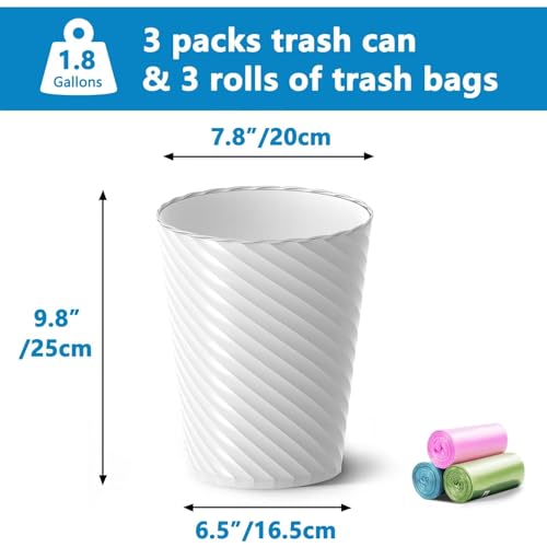Lysam Bathroom Trash Can 3 Pack, 1.8 Gallon Small Trash Can with Trash Bags | Garbage Can for Bedroom Living Room, Open-Top|Sturdy Bin Indoor, Round Waste Basket for Office|Studio, Compact Spaces (White)