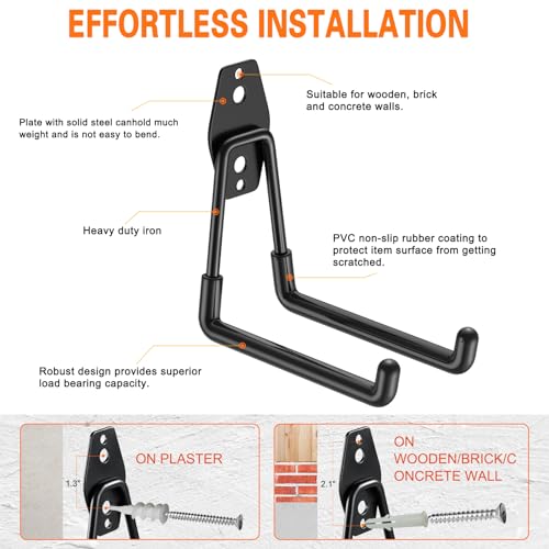 HUPBIPY Garage Hooks Heavy Duty 4 Pack, Wall Mount Ladder Hooks | 5.1in U Shaped Hanger, Storage Organizer With a non-slip coating For Hanging Bicycles, Garden Tools Hoses and Ropes (Black)