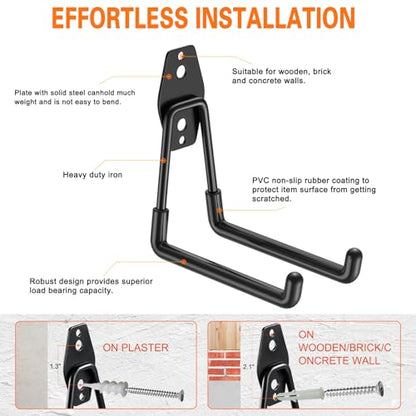 HUPBIPY Garage Hooks Heavy Duty 4 Pack, Wall Mount Ladder Hooks | 5.1in U Shaped Hanger, Storage Organizer With a non-slip coating For Hanging Bicycles, Garden Tools Hoses and Ropes (Black)