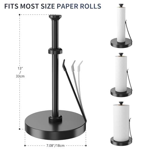 Countertop Paper Towel Holder for Kitchen, Black Tension Arm | One-Handed Tear, Stainless Steel Paper Towel Holder Stand for Bathroom Laundry Room Workshop