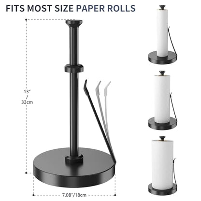 Countertop Paper Towel Holder for Kitchen, Black Tension Arm | One-Handed Tear, Stainless Steel Paper Towel Holder Stand for Bathroom Laundry Room Workshop