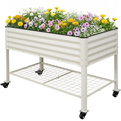 Elevated Raised Garden Bed Outdoor with Shelf, Wheels, 2' X 4', White | Galvanized Metal Planter Box, Drainage Holes, Leg, Gloves, Tools, Rubber Strips, for Backyard, Patio,Flowers, Herbs, Balcony