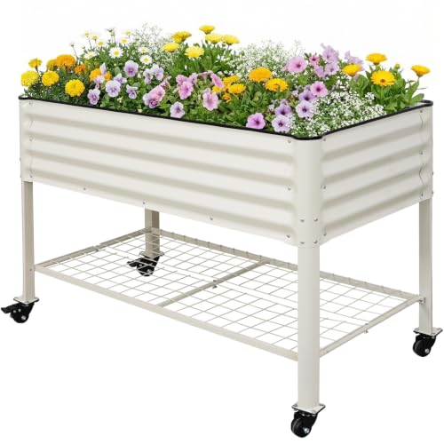 Elevated Raised Garden Bed Outdoor with Shelf, Whe... (White | Metal)
