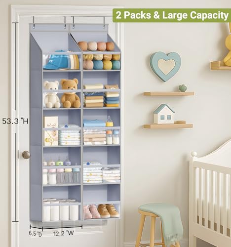 2 Pack Over the Door Organizer, Large Capacity Closet Door Hanging Organizer, Clear Deep Pockets Baby Organizer Storage for Nursery, Bathroom, Bedroom, Pantry, Diapers (Grey)