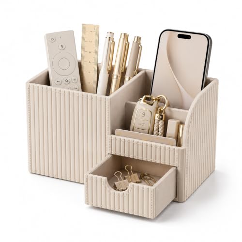 Luxury PU Leather Desk Organizer with Drawer, Modern Aesthetic Office Desk Accessories for Men & Women, Multi-Compartment Pen Holder & Desktop Storage Organizer for Home Office