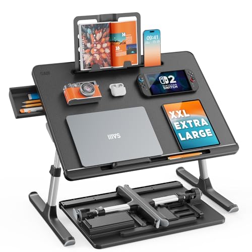 Laptop Lap Desk for Bed, SAIJI X-Large Adjustable Laptop Table | XXL-Extra Large, Foldable Laptop Stand for Bed, with Storage Drawer & Bookstand, for Eating, Working, Gaming, Drawing