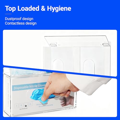 Triple Hygiene Dispenser Sanitation Station with Lid - Tabletop or Wall Mounted Masks and Glove Box Holder Dispenser for Hairnet Shoe Cover - 3 Compartments Acrylic Medical Organizer, Clear