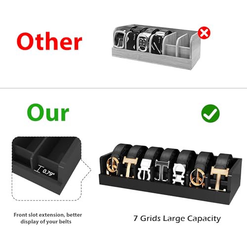 Belt Organizer for Drawer - Bamboo Belt Storage Organizer | Belt Rack for Closet Wall Mount Men Women Tie Sock Bra Scarf Ribbon (Black, 7 Grids)
