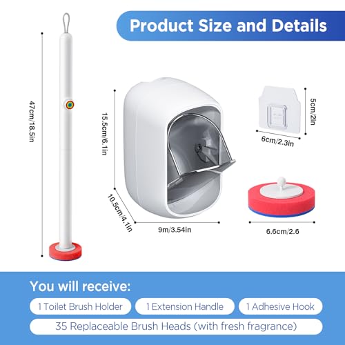 Disposable Toilet Brush, Wall Mounted Toilet Bowl Brush with 35 Colorful Refills, Toilet Bowl Brush with Storage Box for Deep Bathroom Toilet Cleaning (1 Handle + 35 Colorful Refills).