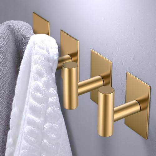 VAEHOLD Wall Towel Hooks, Heavy Duty Sticky Holder Waterproof Towel Hooks for Hanging Coat, Clothes, Closet Hook Wall Mount for Kitchen (Gold, 4 Pack)
