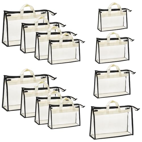 Peohud 12 Pack Clear Handbag Storage Organizer, Dust Bags for Handbags, Transparent Purse Organizer for Closet, Hanging Handbags Dust Cover Bags with Zipper, Handles and Hooks