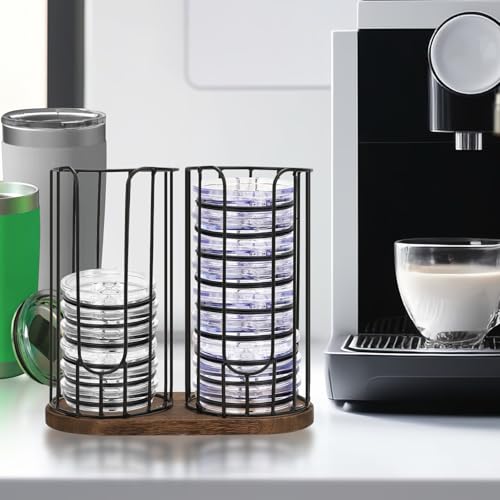 2-Compartment 18oz Coffee Cup Dispenser Rack with Wood Base, Disposable Cup, and Lid Organizer for Countertop - Perfect for Paper Cups, and Lid Organizer