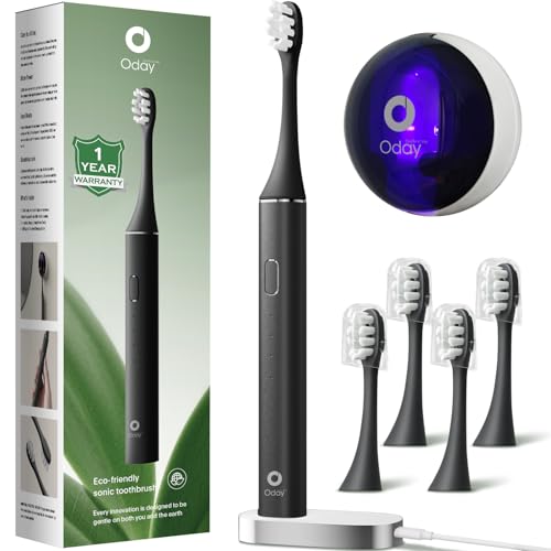 Oday Rechargeable Electric Toothbrush for Adults with UV Sanitizer Holder | 4 Plastic Free Brush Heads, Smartimer, IPX7 Waterproof, 1 Month+ Battery, Sleek Aluminum Body Black, Mess-Free Bathroom
