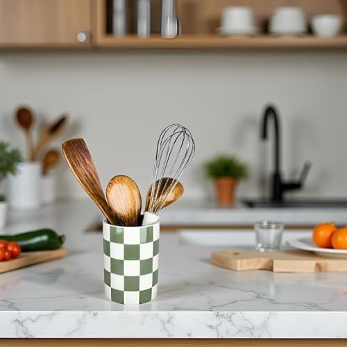 Checkered Utensil Holder, 4.13''x5.71" Utensils Ca... (Sage Green | Ceramic)