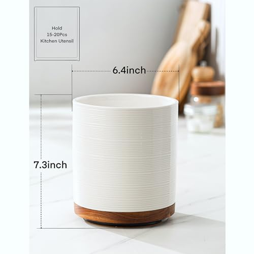 Utensil Holder, 360° Rotating Extra Large Ceramic Kitchen Utensil Holder for Countertop, 7.3“ Cooking Utensil Crocks for Kitchen Counter with Rotatable Wooden Base, Farmhouse Decor, White