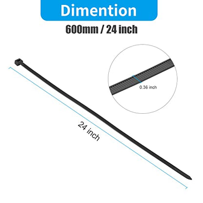 XINGO 24 inch Black Long Zip Ties Heavy Duty 100 PCS, 200LBS Ultra Strong Plastic Wire Ties, Large Cable Ties Extra Long Tie Wraps, Indoor and Outdoor UV Resistant