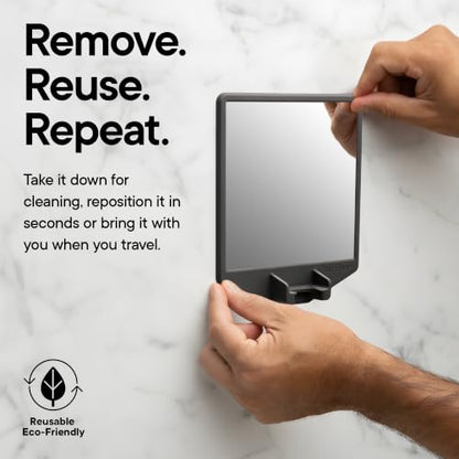 TOOLETRIES The Joseph Shower Mirror for Shaving and Razor Holder - Charcoal | Fog-reducing shower mirror with an integrated silicone razor holder and reusable wall mount.