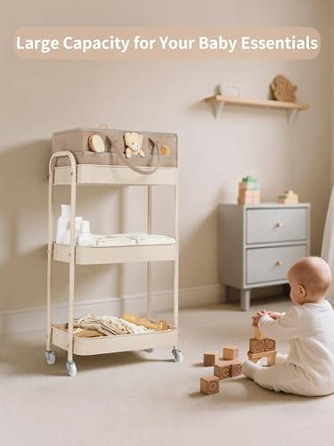 Baby Diaper Caddy, 3 Tier Rolling Storage Cart for Baby Essentials, Diaper Cart with Detachable Dividers, Storage & Baby Bottle Organizer, Nursery Dresser for Bedroom, Living Room (Taupe)
