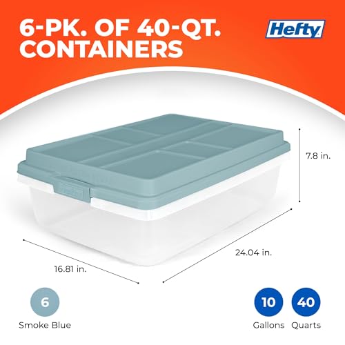 Hefty 40 Quart Hi-Rise Storage Bin with Lid, Stackable Plastic Container Tote for Home, Office, and Classroom Organization, 6 Pack, Smoke Blue