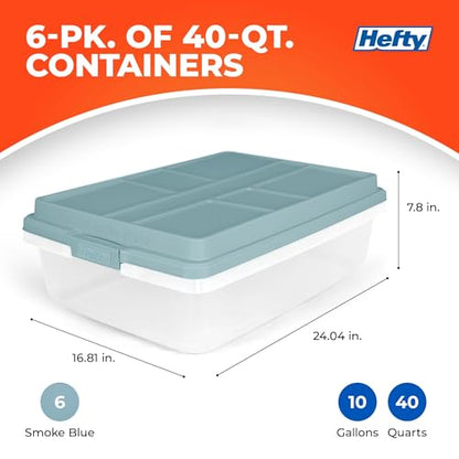 Hefty 40 Quart Hi-Rise Storage Bin with Lid, Stackable Plastic Container Tote for Home, Office, and Classroom Organization, 6 Pack, Smoke Blue