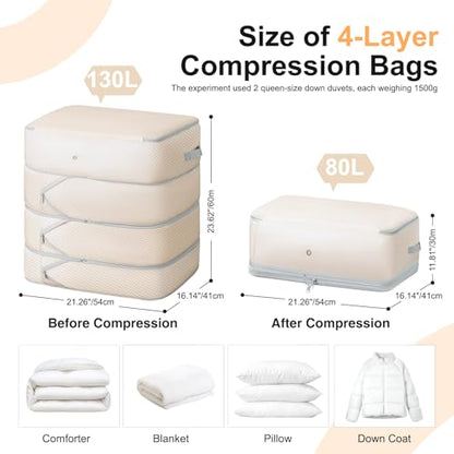 Comforter Storage Bag - 130L Large Capacity Blanket Storage Bags 4-Layer Ultra Space Saving Self Compression Organizer, Washable Compression Bags for Storage Comforter Blanket, 2-Pack, Beige