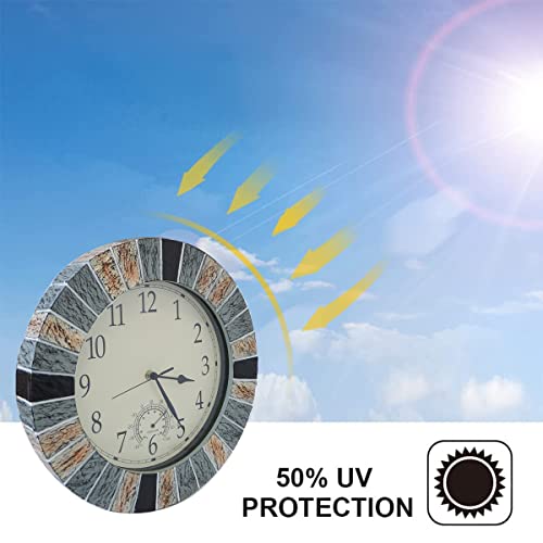 UMEXUS Outdoor Clocks for Patio Waterproof with Thermometer Combo, Brown | 13-in Weatherproof Wall Clock, UV Resistant, Silent, Battery Operated, Easy to Read for Patio Pool Garden Lanai Fence Porch