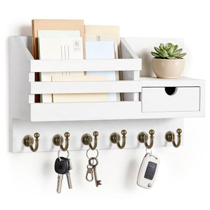 FifthQuarter Key Holder Wall Mount with Drawer and 6 Sturdy Hooks | Wooden Entryway Organizer and Decorative, Easy Installation