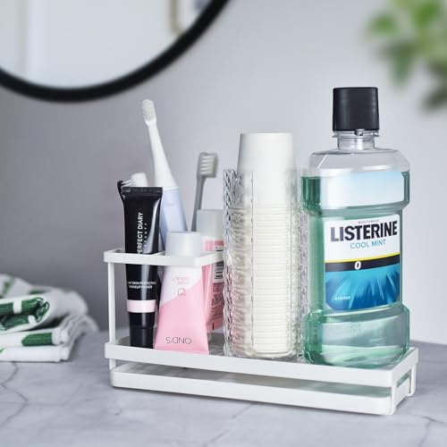 Toothbrush Holders for Bathrooms, 4 Slots Metal Tooth Brushing Organizer | Rustproof Electric Tooth Brush Toothpaste Holder with Drainage for Bathroom Countertop, White