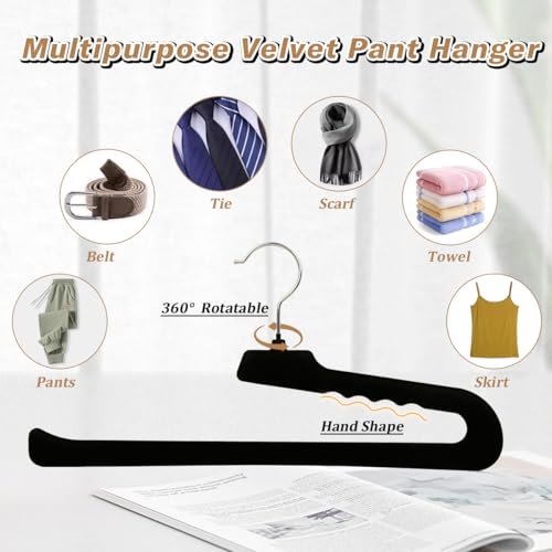 Velvet Pant Hangers Open End,32 Pack Non Slip Black Felt Trouser Hangers | Slim & Sleek Heavy Duty Space Saving Closet Hangers with 360° Swivel Hook,Tank Top for Shorts,Jeans,Suit Pants,Towel