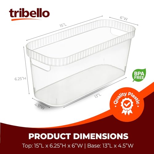 Tribello Narrow Storage Bins – Slim, Clear Plastic Storage Basket, Clear Organizer for Tight Spaces (2 Pack, 15” x 6” x 6”)
