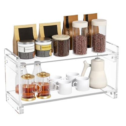 YUNEASELF Coffee Station Organizer Countertup: Coffee Bar Accessories - 2 Tier Kitchen Acrylic Storage Shelf for Placing Mugs Beans Syrup Cups Stirrers