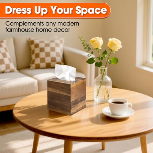2 Pack Wooden Tissue Box Cover Square - Acacia Wood Tissue Box Holder for Tabletop Stands Bathroom Office- Decorative Facial Wood Tissue Box Cover for Modern Farmhouse Decor-Standard Walnut Color