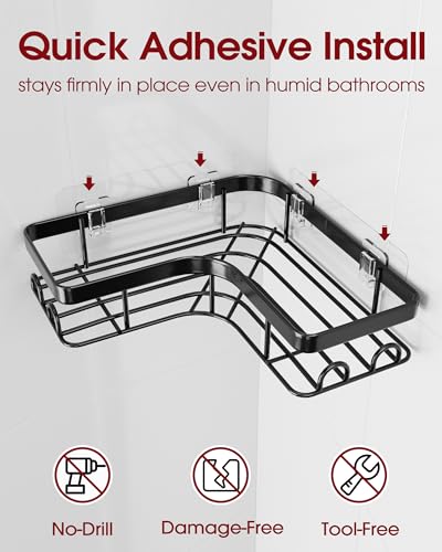 Corner Shower Caddy - 3-Pack Shower Organizer with Soap Holder & Built-In Hooks, Rustproof Metal Shower Shelves, Laundry, Kitchen, Bathroom Organizers and Storage Solution, Large, Black