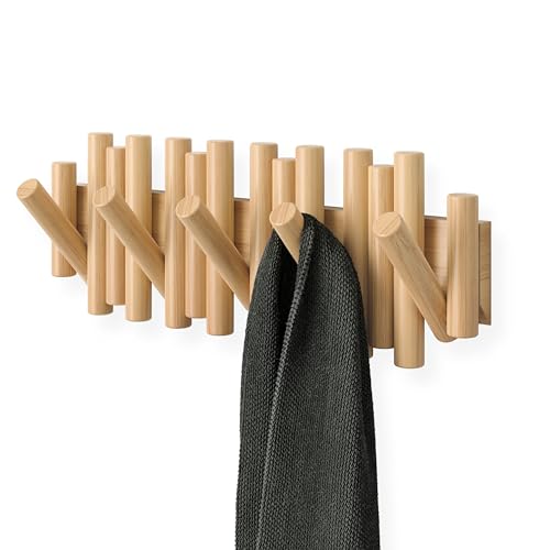 Umbra Picket Coat Rack, Wall Mount 5 Flip-Down Coat Hooks, Natural | Beveled pine wood dowels, supports up to 5 lbs, mounting hardware included, space saving