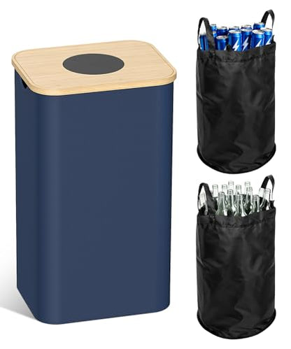 Magicheap 26 Gallon (100L) Recycling Bins for Kitchen with Bamboo lid, Blue | with 2pcs Removeable and Reusable Inner Bags, Oxford Fabric, Recycle Trash Bin for Indoor Bottle Can Glass Plastice