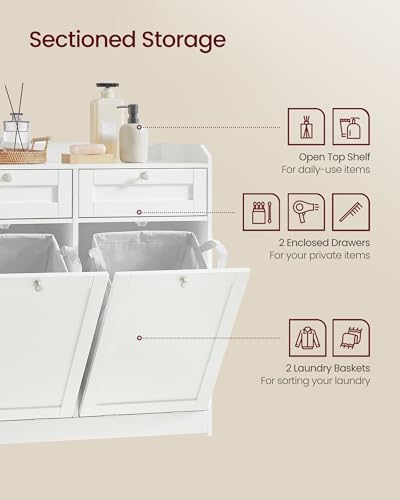 VASAGLE Laundry Cabinet with Tilt-Out Basket, Freestanding Storage Unit with Drawer and Laundry Hamper, for Bathroom, Living Room, 15.8 x 31.1 x 31.5 Inches, Cloud White UBBC751W01