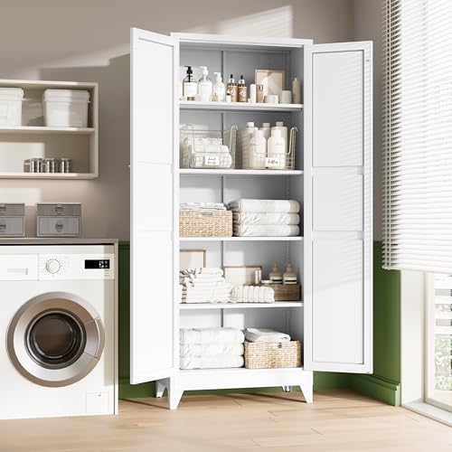 75" H Metal Storage Cabinet with 2 Doors and 4 Shelves,Tall Kitchen Pantry Cabinets,Farmhouse Utility Pantry Organizers for Cupboard/Dining/Bathroom/Home Office/Garage Room,White