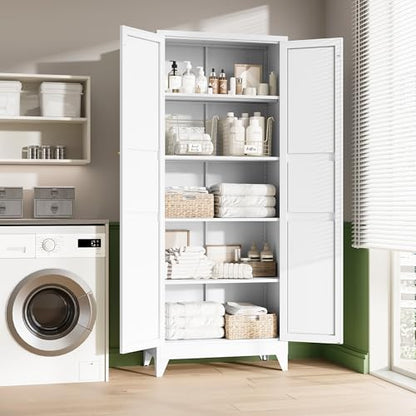 75" H Metal Storage Cabinet with 2 Doors and 4 Shelves,Tall Kitchen Pantry Cabinets,Farmhouse Utility Pantry Organizers for Cupboard/Dining/Bathroom/Home Office/Garage Room,White