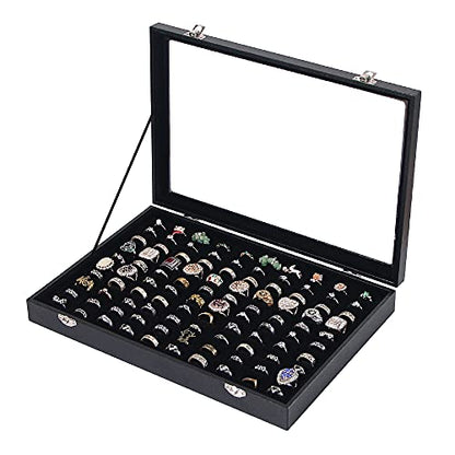 Ring Holder Organizer Box, Jewelry Display Case, Earring Necklace Storage Tray With Top Glass Lid (Black, 100 Slots)