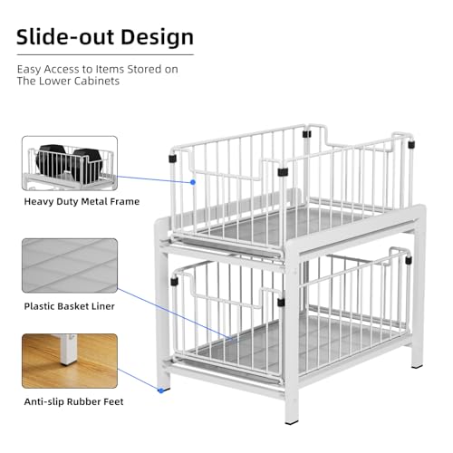 2-Tier Pull Out Cabinet Organizer, Slide Out Under Sink Organizer | Metal Cabinet Baskets with Mesh Sliding Drawer for Home, Office, Bathroom, Kitchen, Pantry Storage Shelf, Large White