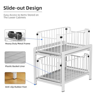 2-Tier Pull Out Cabinet Organizer, Slide Out Under Sink Organizer | Metal Cabinet Baskets with Mesh Sliding Drawer for Home, Office, Bathroom, Kitchen, Pantry Storage Shelf, Large White
