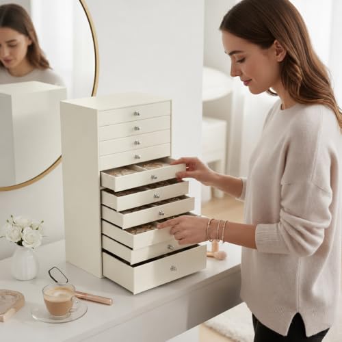 GUKA Large Jewelry Box, Jewelry Case with 10 Drawers for Big and Small Jewelry, Jewelry Storage Organizer for Watch Earrings Necklace Rings Bracelets, Birthday Wedding Gifts, White