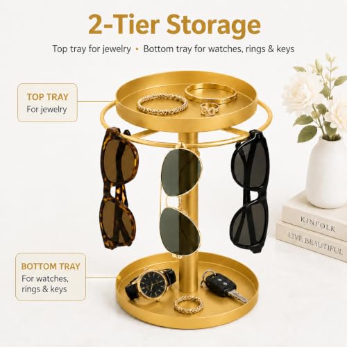 360° Rotating Sunglasses Organizer, 2-Tier with Jewelry Tray & Storage Base | Stainless Steel Glass Holder Stand, sunglasses storage for Multiple Sunglasses,Watches,Rings, Keys, Dresser, Desk, Nightstand
