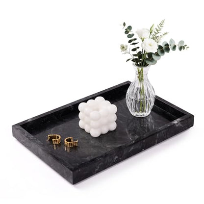 Marble Bathroom Tray for Countertop & Home Decor, Natural Decorative Marble Tray for Jewelry & Perfume Organizer, Luxury Stone Vanity Trays for Dresser, Kitchen Counter, 12" x 8", Gray Black