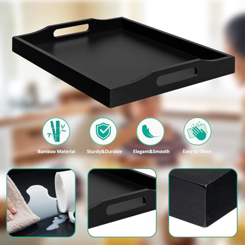 Bamboo Food Serving Tray with Handles,Breakfast Be... (Black | Bamboo)