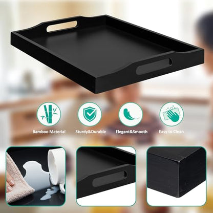 Bamboo Food Serving Tray with Handles,Breakfast Be... (Black | Bamboo)